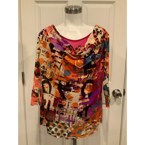 FUZZI Multicolor Gardenia Patterned Cowl Neck Shirt W/ Zippers Size XL NWT! $425